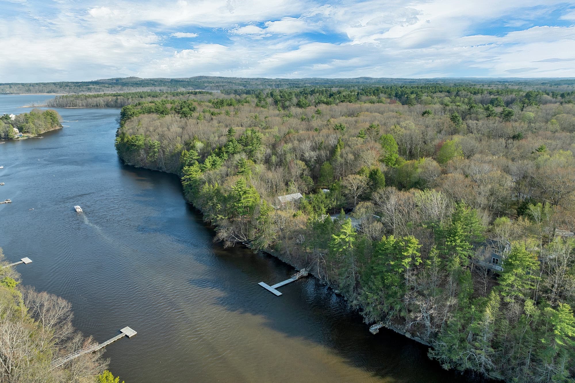 High aerial of the Lamprey River bending toward Great Bay
