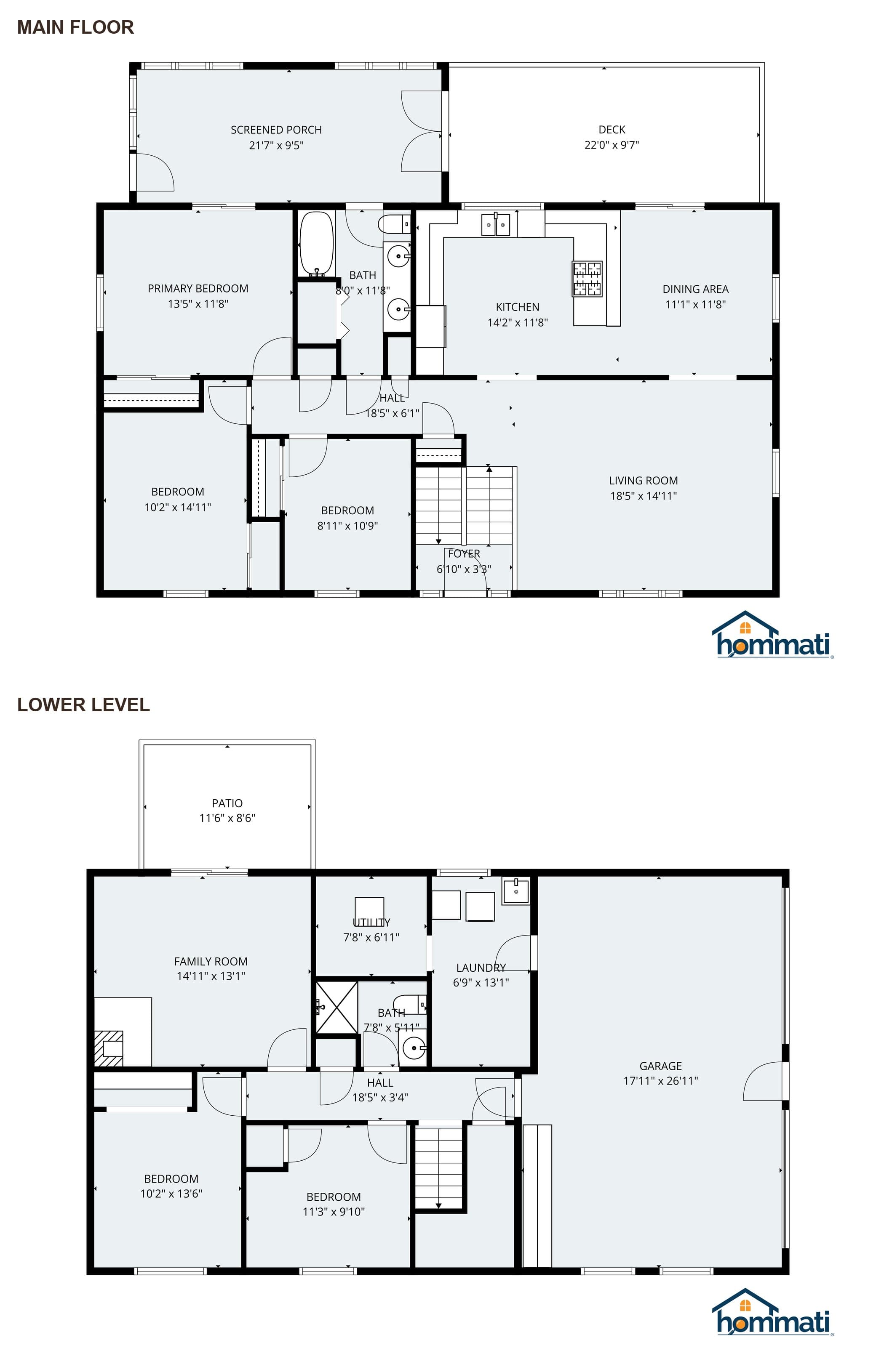 Floor plans for all three levels with room dimensions